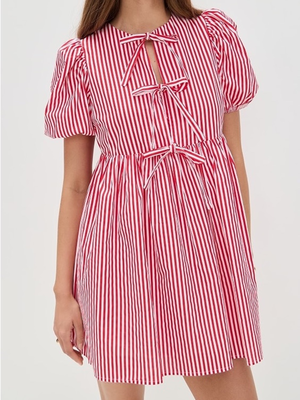 English Factory Red & White Striped Tie-Front Puff Sleeve Tunic